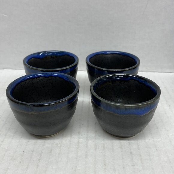 Set of 5 Japanese Sake Set Blue & Black Stoneware Pottery - Picture 5 of 10